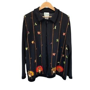 Quacker Factory Black Thanksgiving Turkey Embroidered Cardigan Sweater Womens 1X